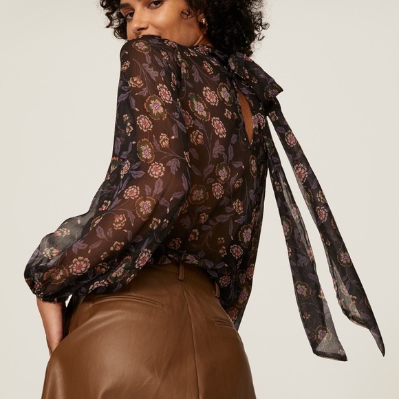 MISA Los Angeles Lulu Floral Top XS blouse long sleeve sheer tie bow black mock - Picture 4 of 16